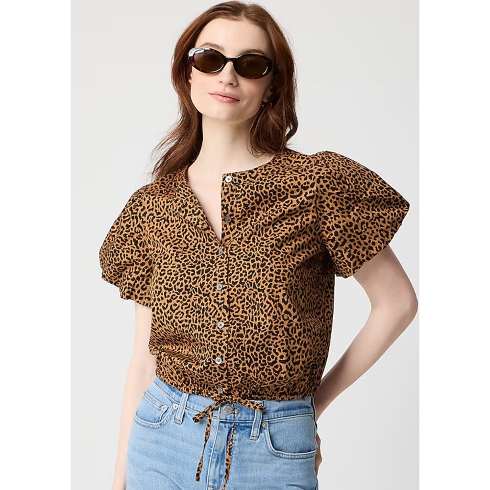 J. Crew Leopard Print Puff-Sleeve Tie-Waist‎ Button Front Top Women's Size XS